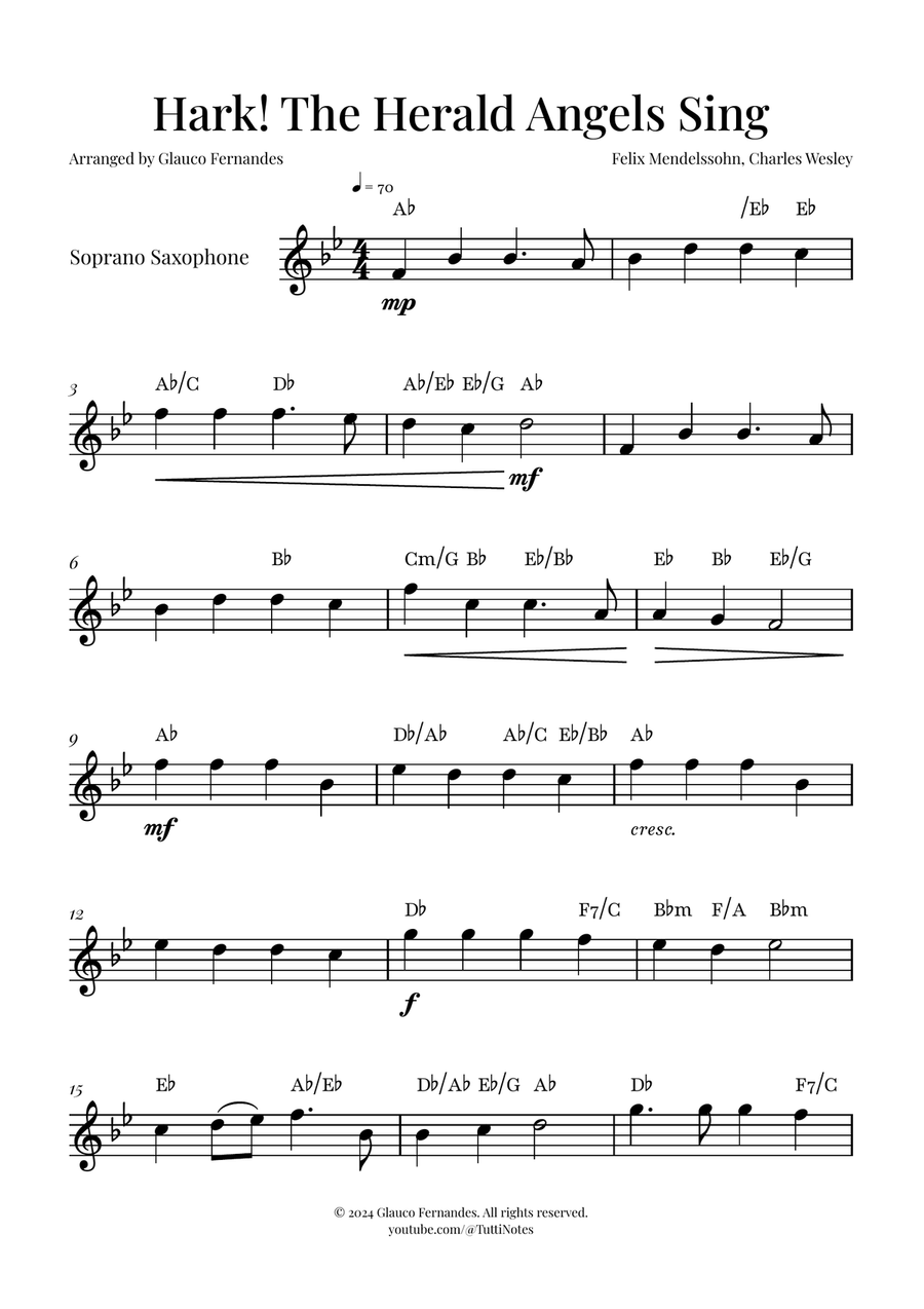 Hark! The Herald Angels Sing | BEAUTIFUL Christmas Carol Soprano Saxophone scores gallery preview page 1