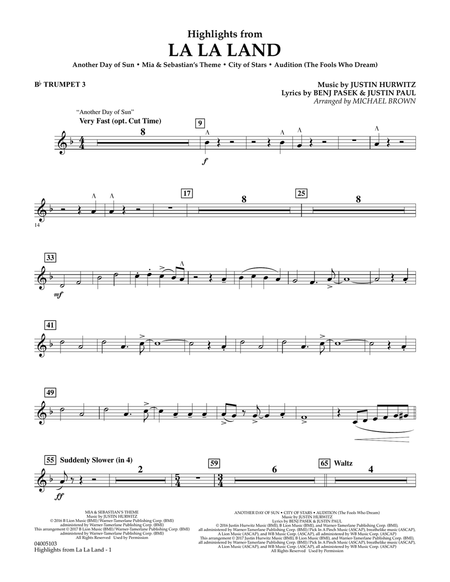 Highlights from La La Land - Bb Trumpet 3 Concert Band scores gallery preview page 1