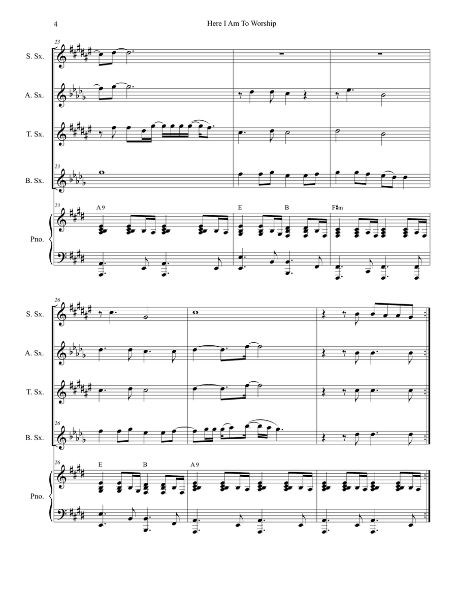 Here I Am To Worship Saxophone Quartet scores gallery preview page 4
