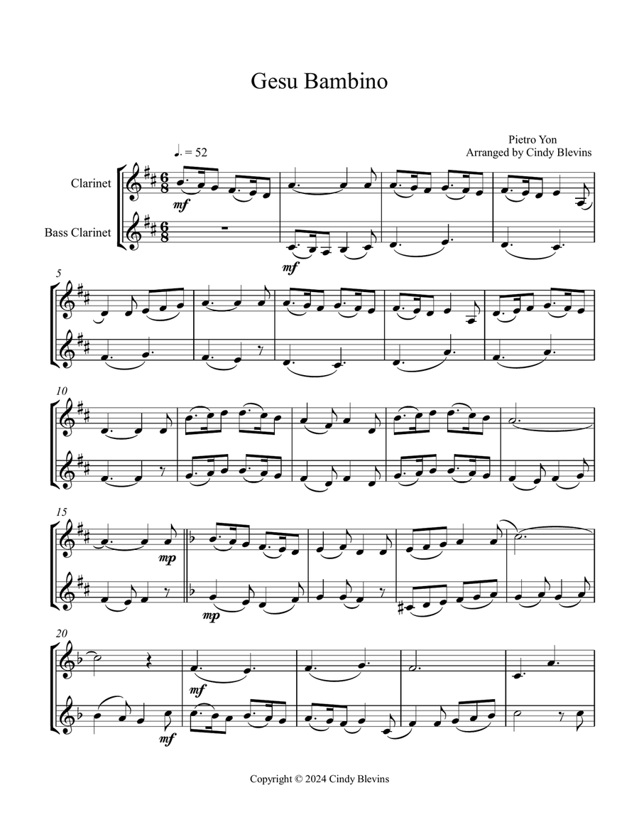 Gesu Bambino, for Clarinet and Bass Clarinet Clarinet Duet scores gallery preview page 2
