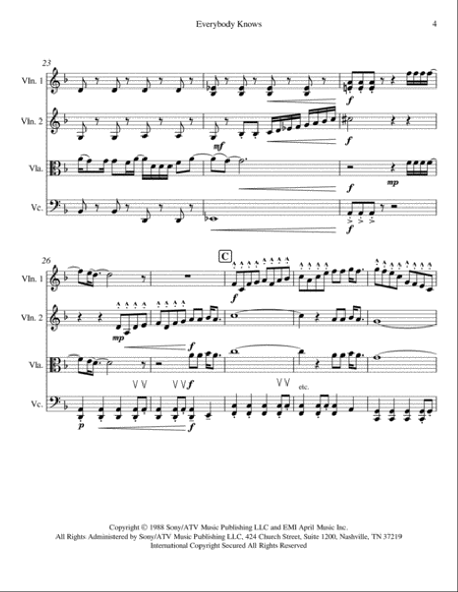 Everybody Knows Everybody Knows String Quartet scores gallery preview page 4