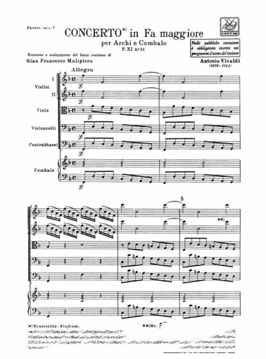 Sinfonie Per Archi E B.C.: In Fa Rv 137