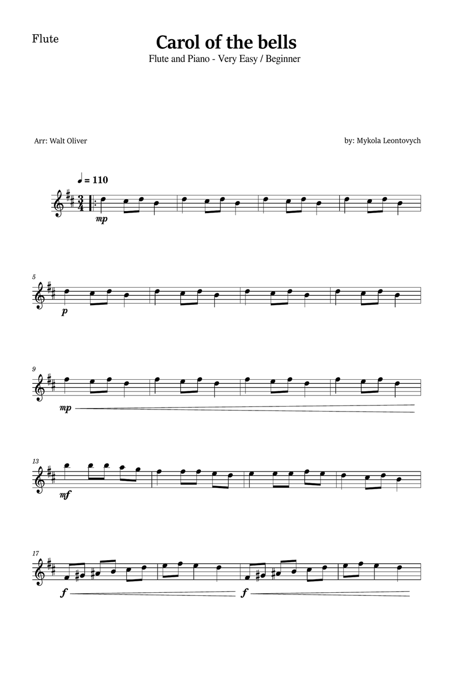 Carol of the Bells for Flute and Piano (Very Easy - Beginner) in B minor Flute scores gallery preview page 4