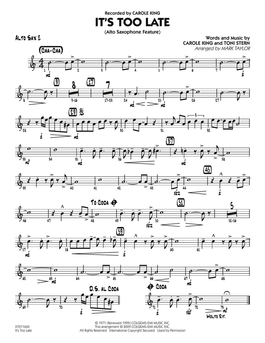 It's Too Late (Alto Saxophone Feature) - Alto Sax 2 Jazz Ensemble scores gallery preview page 1