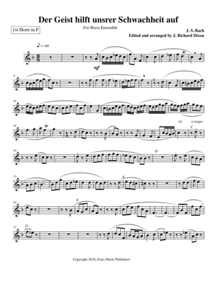 1st horn part to Bach's Der Geist transcription for brass ensemble.