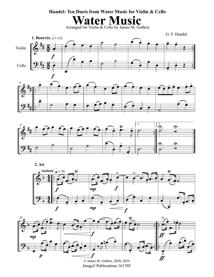 Handel: Ten Duets from Water Music for Violin & Cello String Duet scores gallery preview page 1