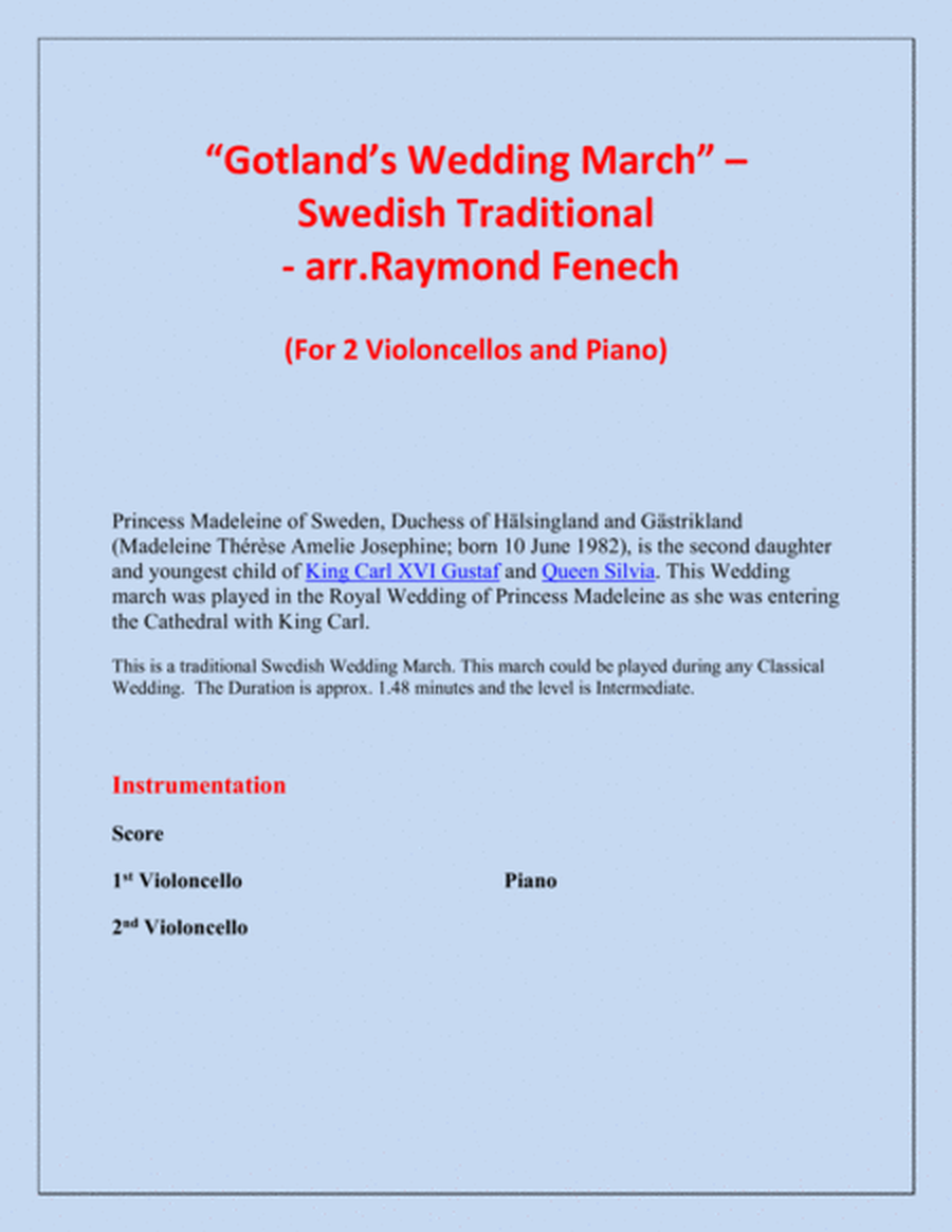 Gotland's Wedding March - Traditional - 2 Violoncellos and Piano image number null