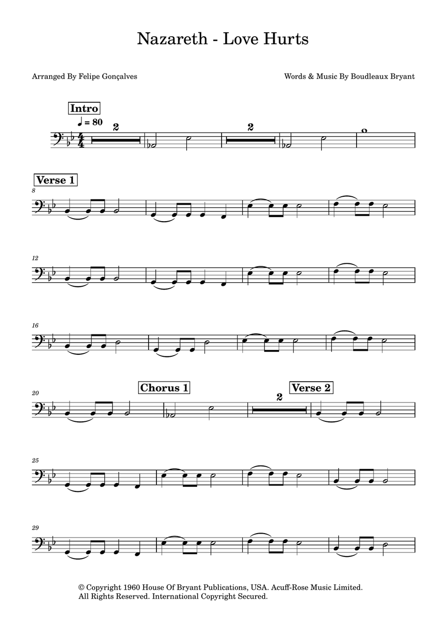 Love Hurts Bass Guitar scores gallery preview page 1