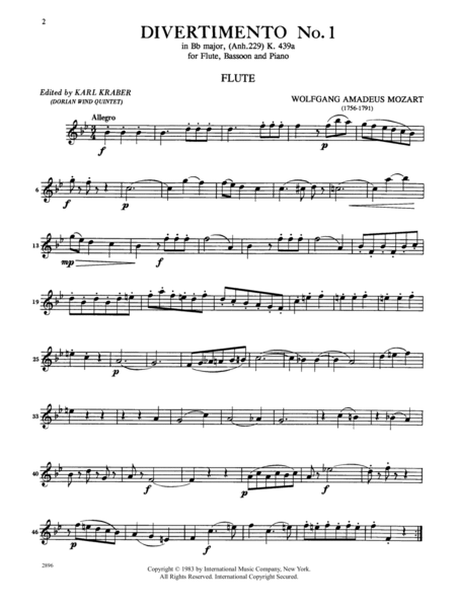 Divertimento No. 1 In B Flat Major, K. 439A (Anh. 229) For Flute, Clarinet & Bassoon