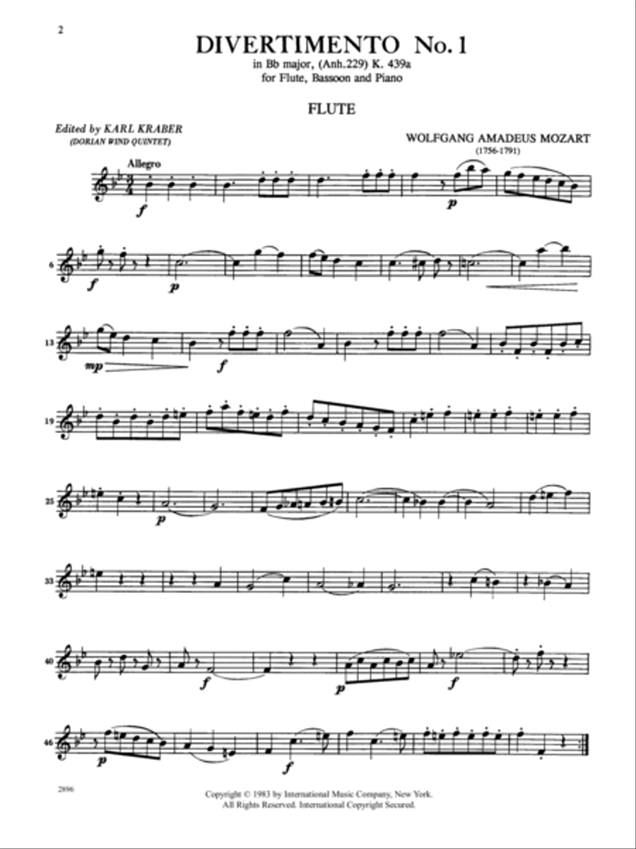 Divertimento No. 1 In B Flat Major, K. 439A (Anh. 229) For Flute, Clarinet & Bassoon