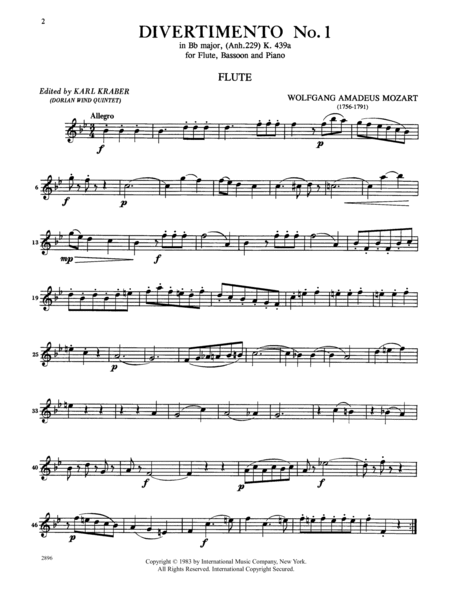 Divertimento No. 1 In B Flat Major, K. 439A (Anh. 229) For Flute, Clarinet & Bassoon
