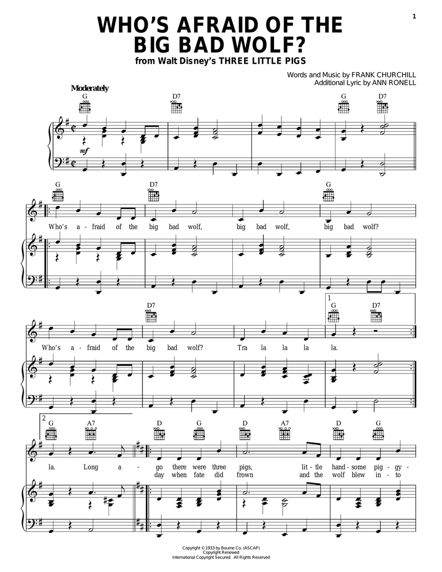 Who's Afraid Of The Big Bad Wolf? (from Three Little Pigs) Piano, Vocal, Guitar scores gallery preview page 1