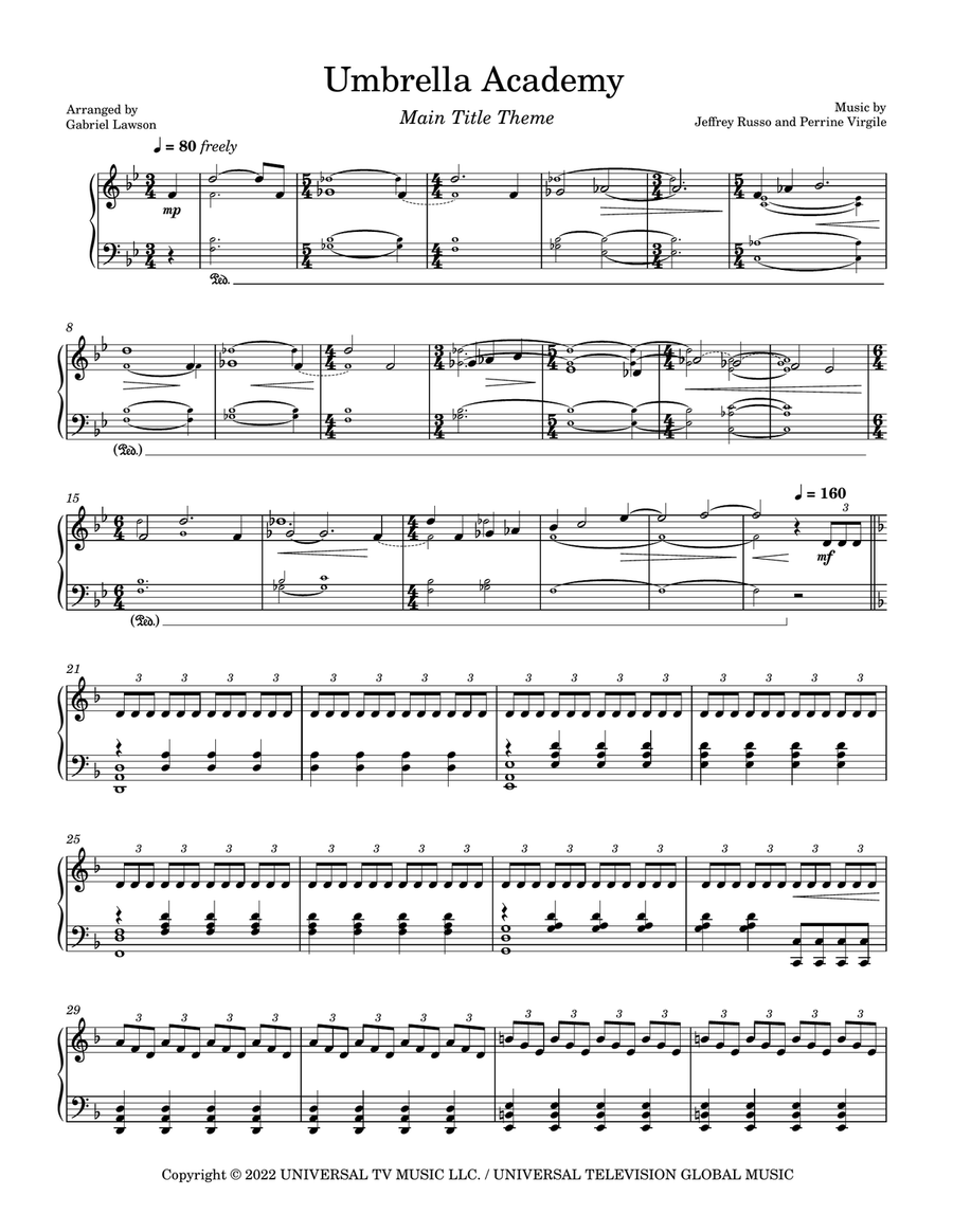 Umbrella Academy - Main Title Theme Piano Solo scores gallery preview page 1