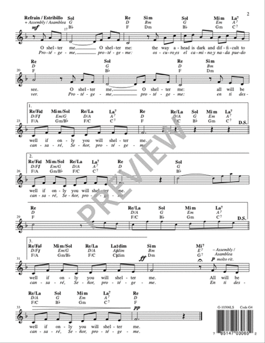 Shelter Me / Protégeme, SAB edition - Lead Sheet edition 3-Part scores gallery preview page 3