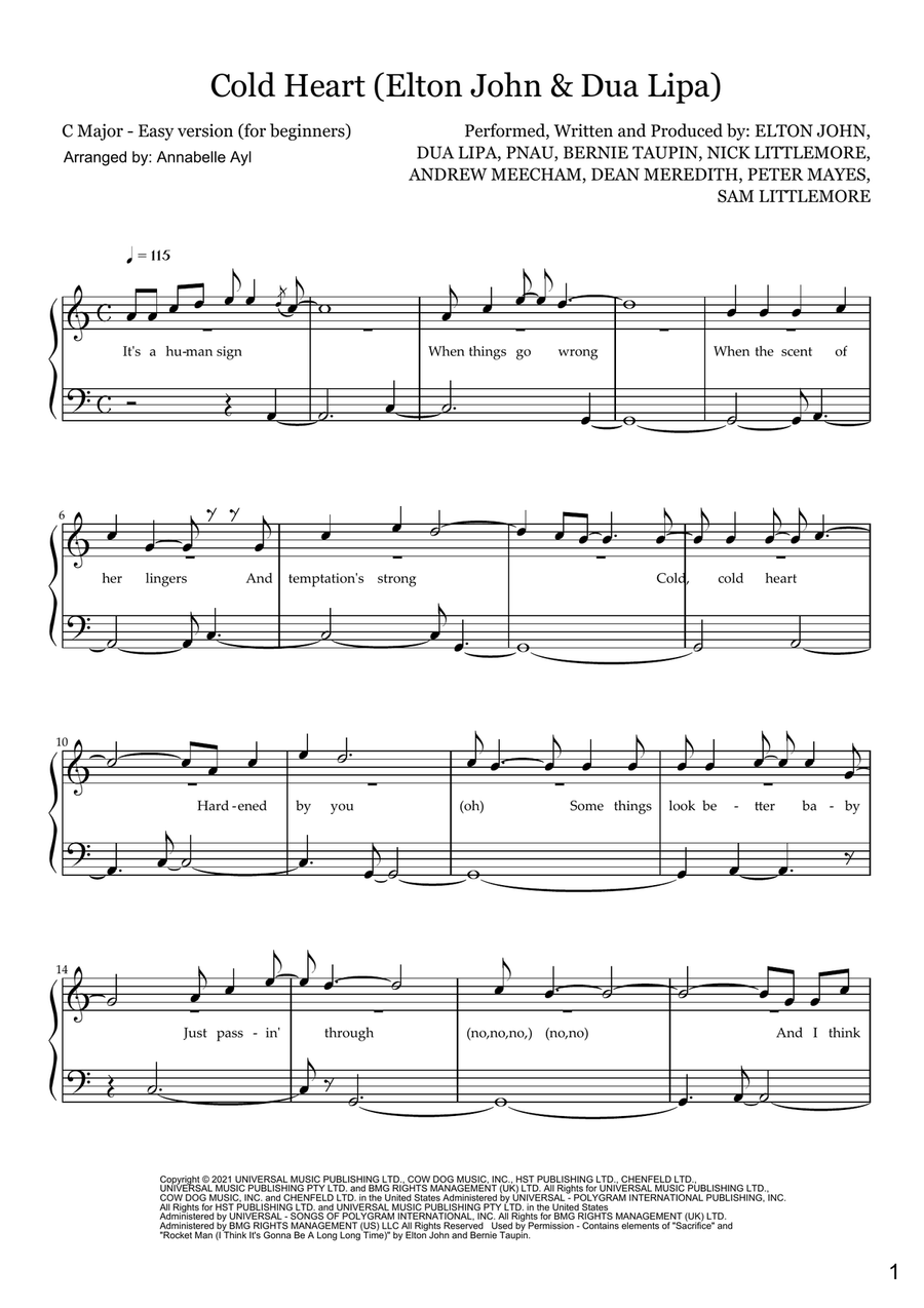 Cold Heart (Pnau Remix) Easy Piano scores gallery preview page 1