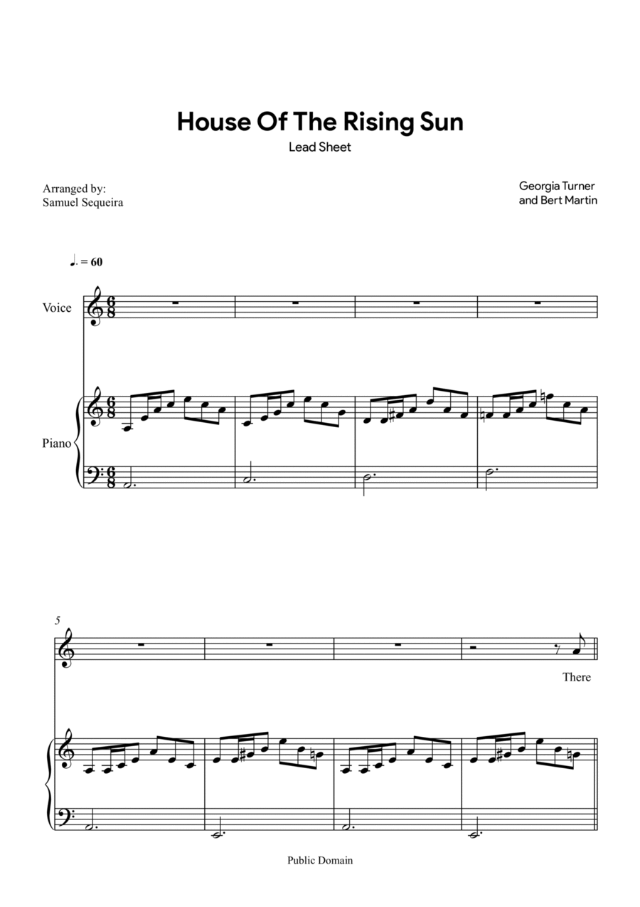 House of the Rising Sun - Lead Sheet - with play along Easy Piano scores gallery preview page 1