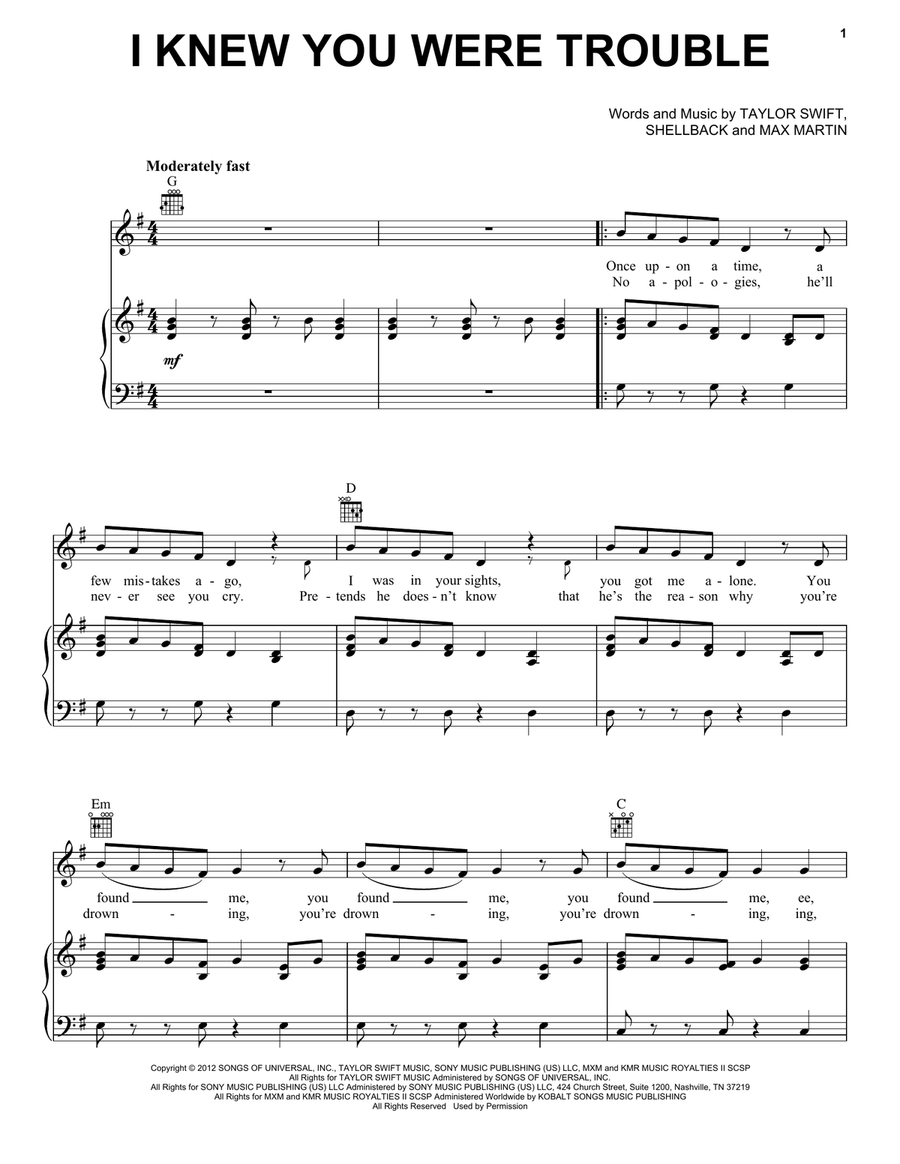I Knew You Were Trouble I Knew You Were Trouble Acoustic Guitar scores gallery preview page 1