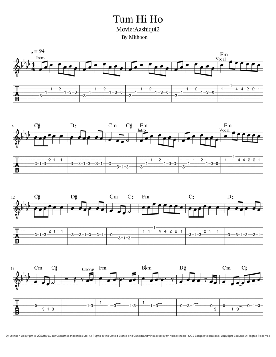 Tum Hi Ho Electric Guitar scores gallery preview page 1