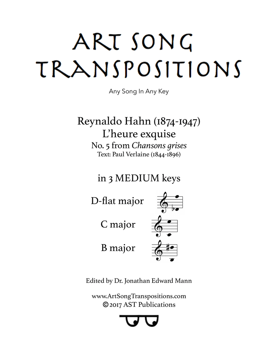 HAHN: L'heure exquise (in 3 medium keys: D-flat, C, B major) Piano, Vocal scores gallery preview page 1