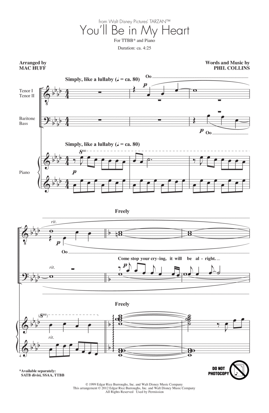 You'll Be In My Heart (from Tarzan) (arr. Mac Huff) TTBB scores gallery preview page 1