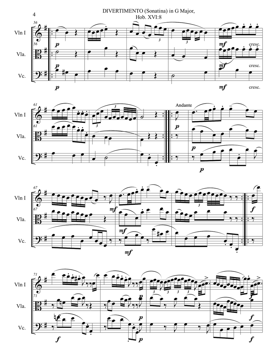 F. J. Haydn. DIVERTIMENTO (Sonatina) in G Major, Hob. XVI-8, Trio string. With parts String Trio scores gallery preview page 4