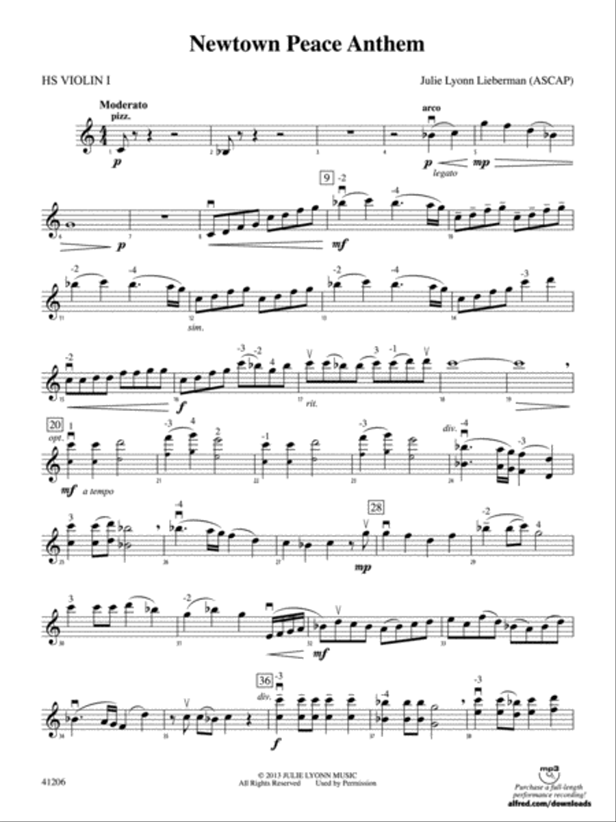Newtown Peace Anthem: HS Violin 1 String Orchestra scores gallery preview page 1