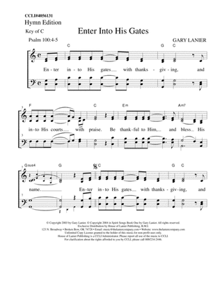ENTER INTO HIS GATES, Worship Hymn Sheet (Includes Melody, Lyrics, 4 Part Harmony & Chords)