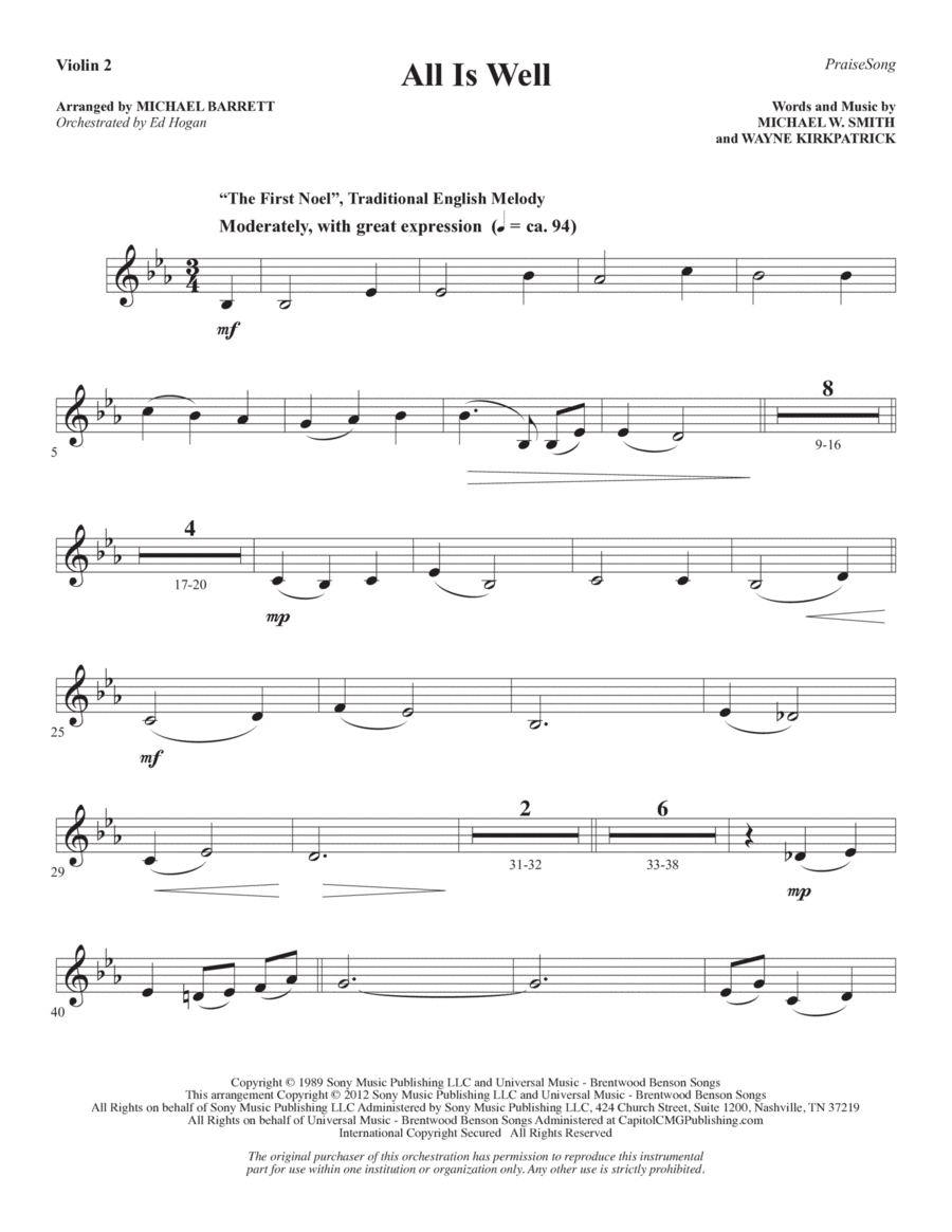 All Is Well (arr. Michael Barrett) - Violin 2 Choir scores gallery preview page 1