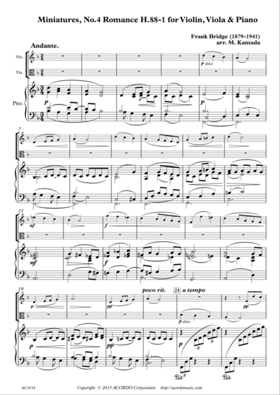 Miniatures, No.4 Romance H.88-1 for Violin, Viola & Piano Piano Trio scores gallery preview page 1