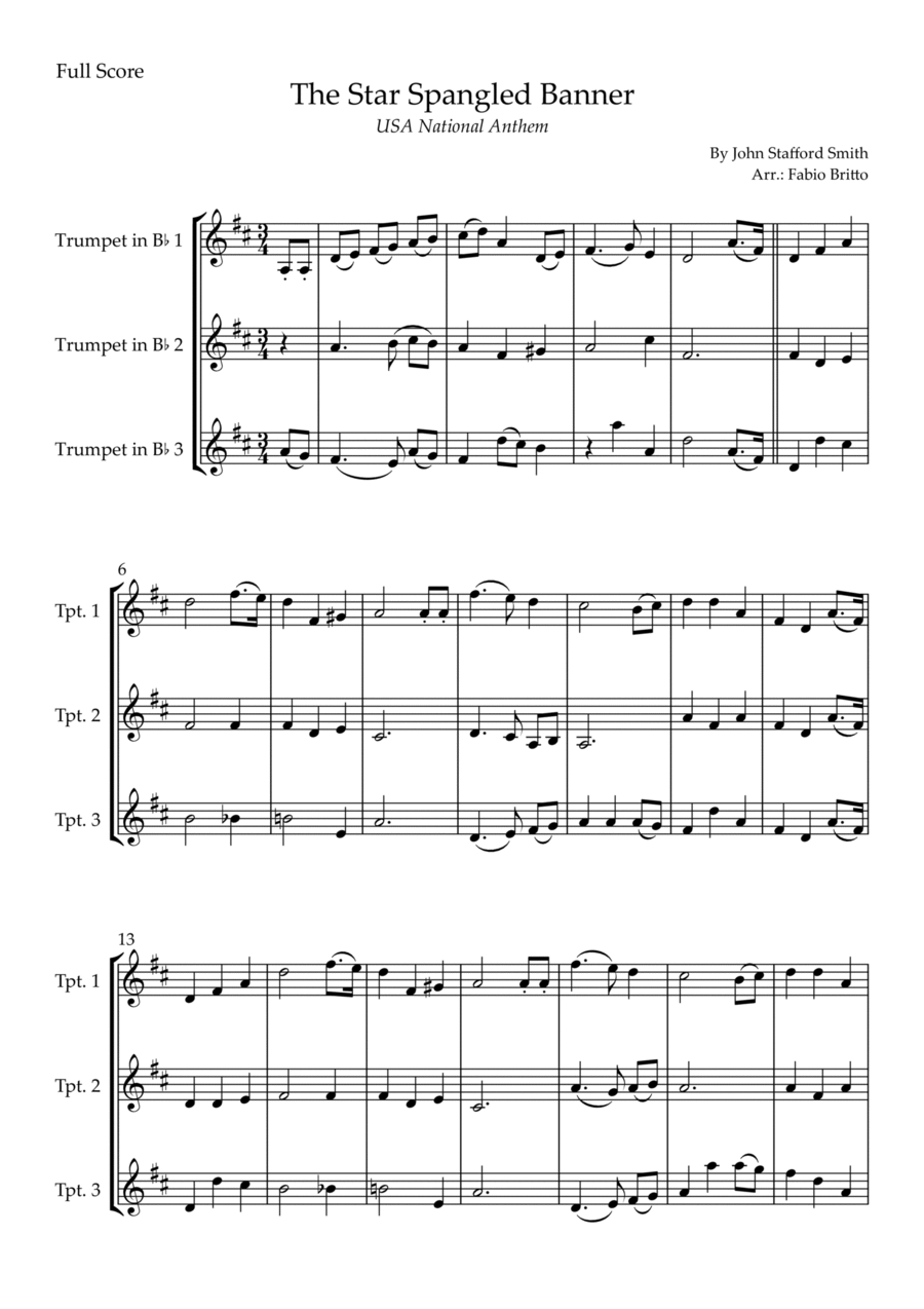 The Star Spangled Banner (USA National Anthem) for Trumpet in Bb Trio Trumpet Trio scores gallery preview page 1