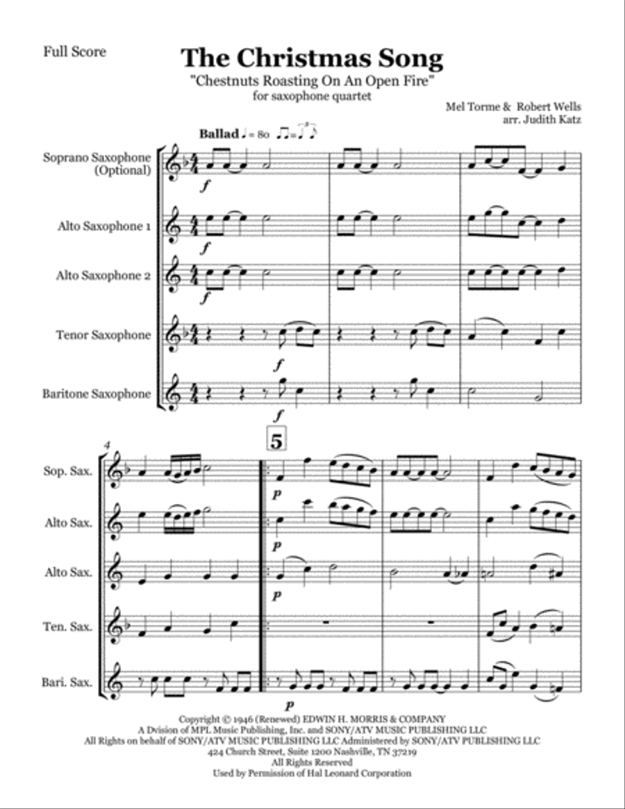 The Christmas Song (Chestnuts Roasting On An Open Fire) Saxophone Quartet scores gallery preview page 2