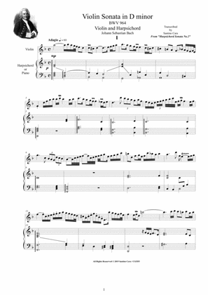 Bach - Violin Sonata in D minor BWV 964 for Violin and Harpsichord (or Piano)