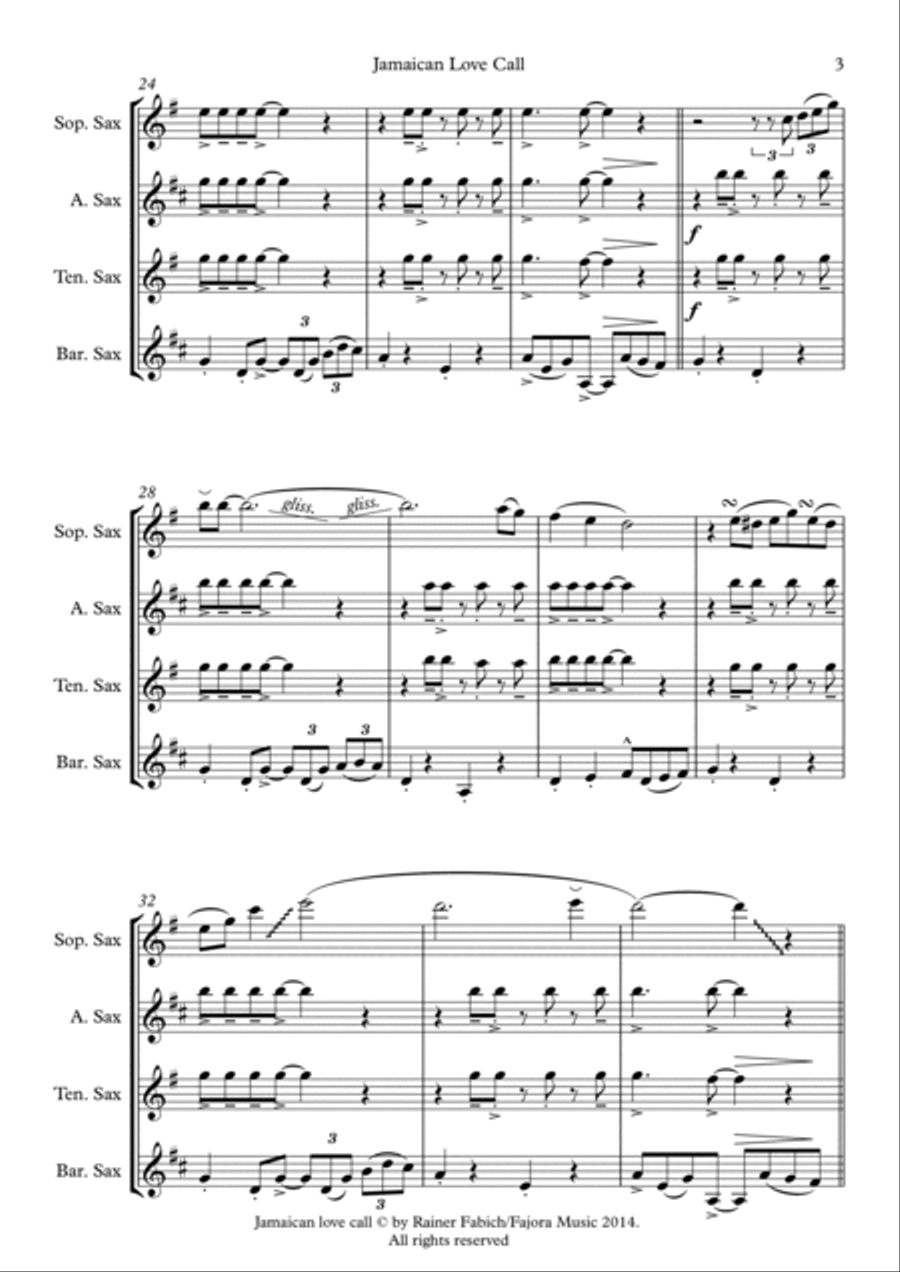 Jamaican Love Call from Five Sax Reggaes Woodwind Quartet scores gallery preview page 4