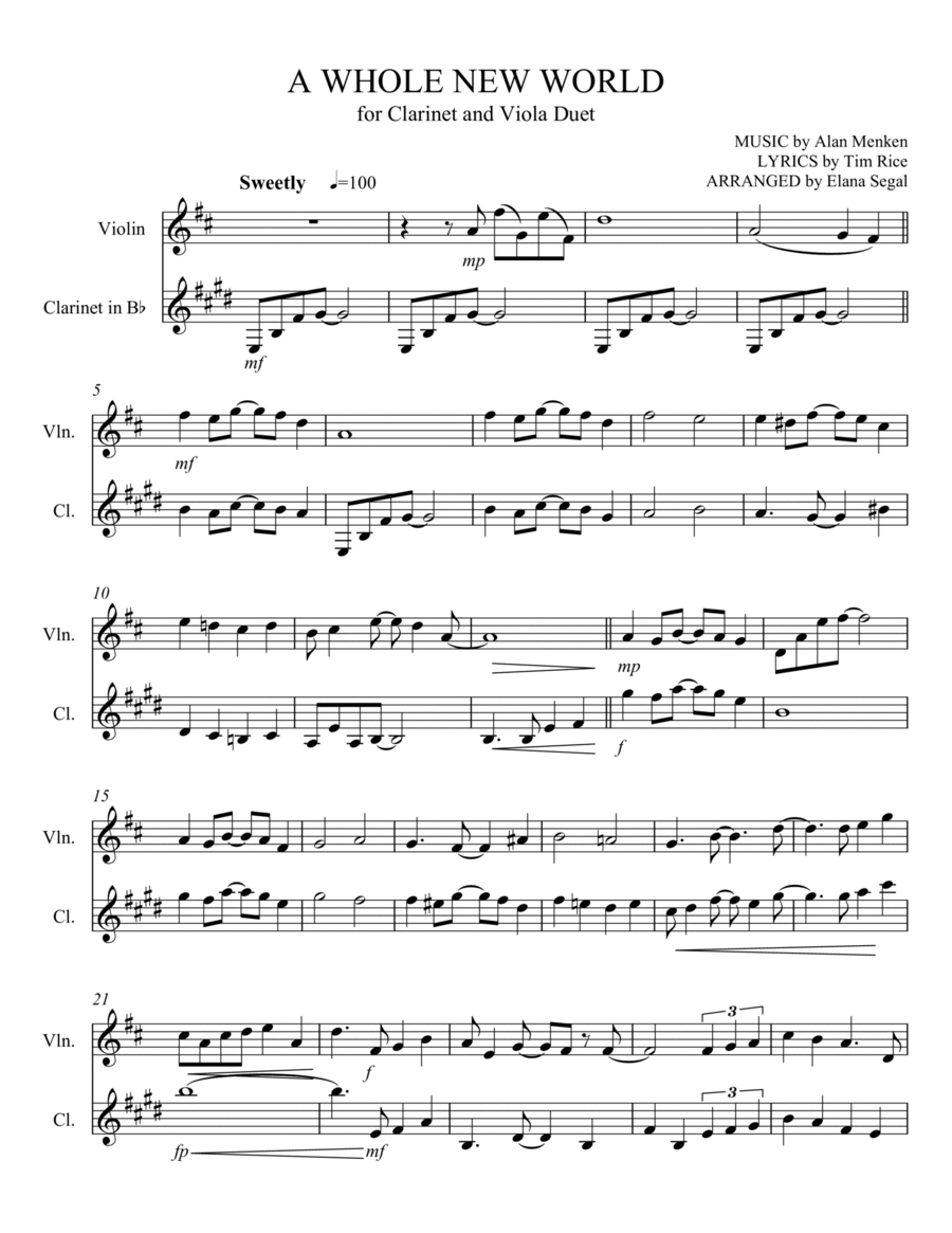 A Whole New World A Whole New World B-Flat Clarinet scores gallery preview page 1