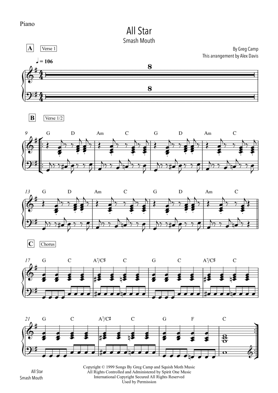 All Star - easy rock/pop band version (keys, guitar TAB, bass TAB, drums) Small Ensemble scores gallery preview page 1