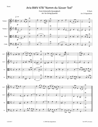Bach: Aria "Komm du Süsser Tod" from Schemellis Gesangbuch BWV 478 arr. for String Quartet.