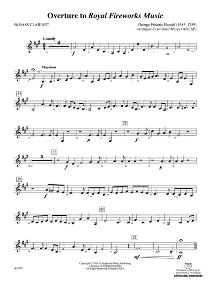 Overture to Royal Fireworks Music: B-flat Bass Clarinet Full Orchestra scores gallery preview page 1