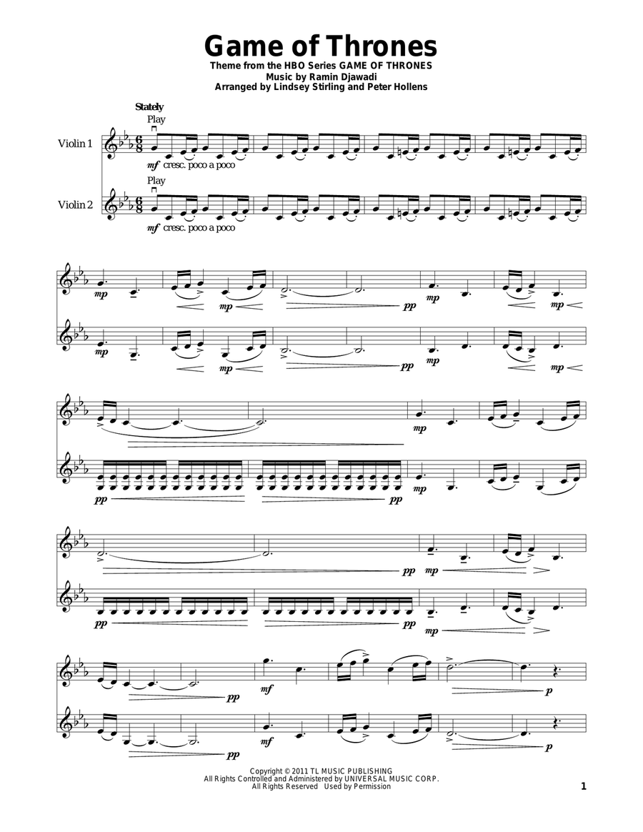 Game Of Thrones - Main Title String Duet scores gallery preview page 1
