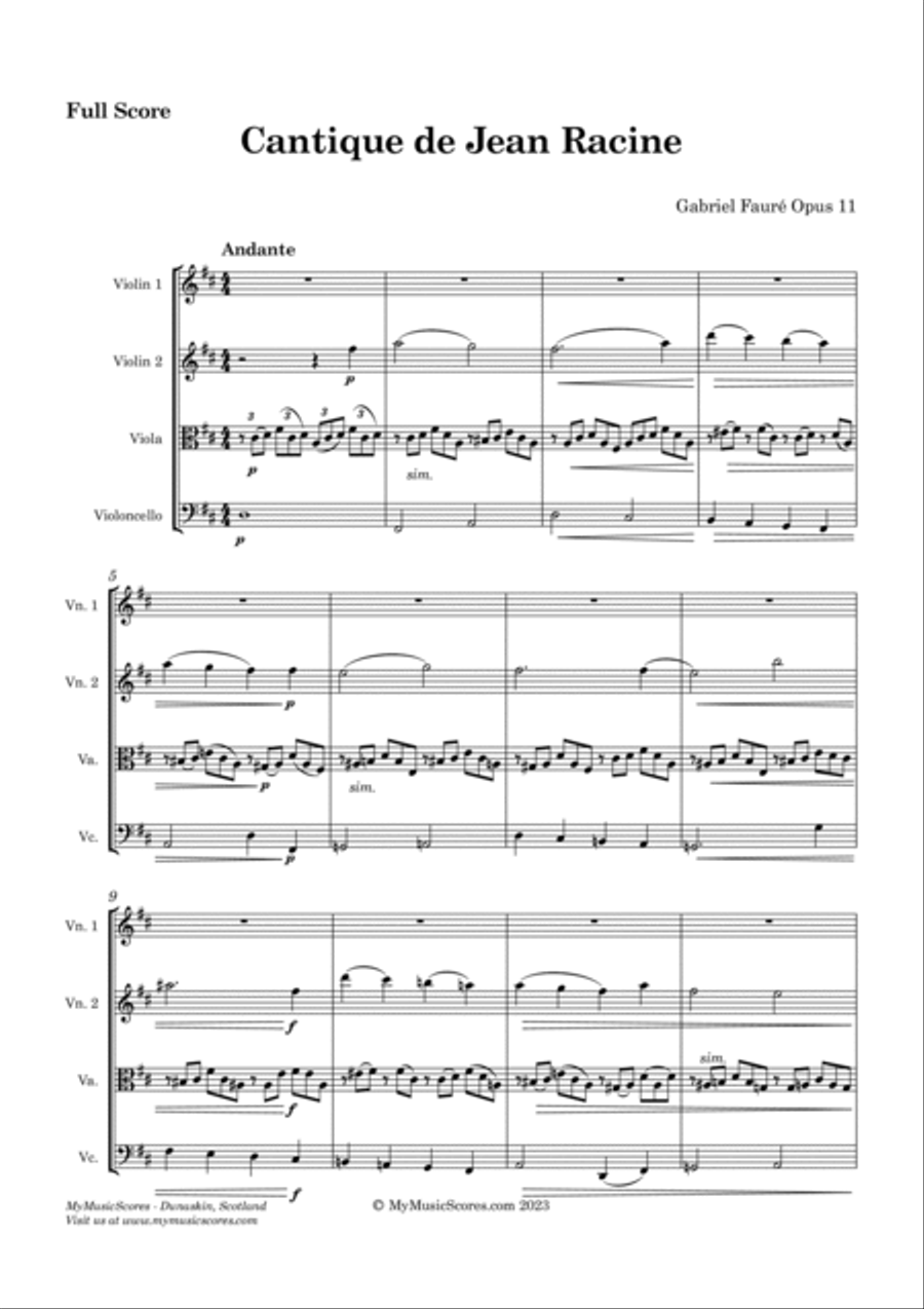 Faure Cantique de Jean Racine Op. 11 for String Quartet String Quartet scores gallery preview page 2