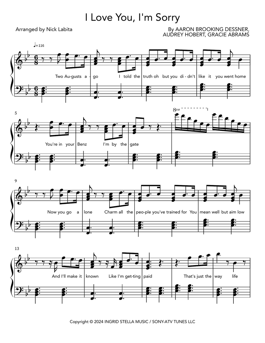 I Love You, I'm Sorry Piano scores gallery preview page 1