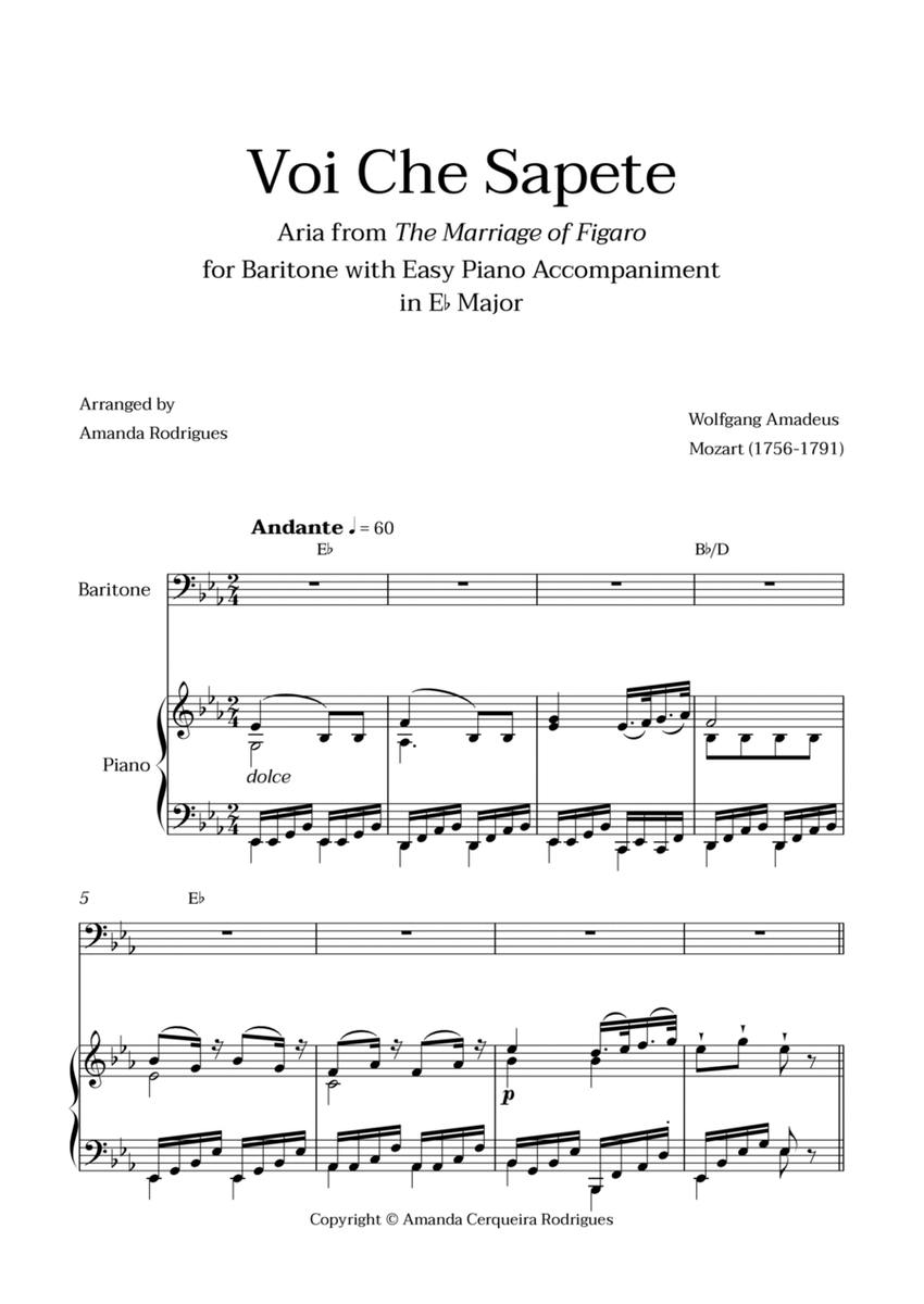 Voi Che Sapete from "The Marriage of Figaro" - Easy Baritone and Piano Aria Duet with Chords in Eb M image number null