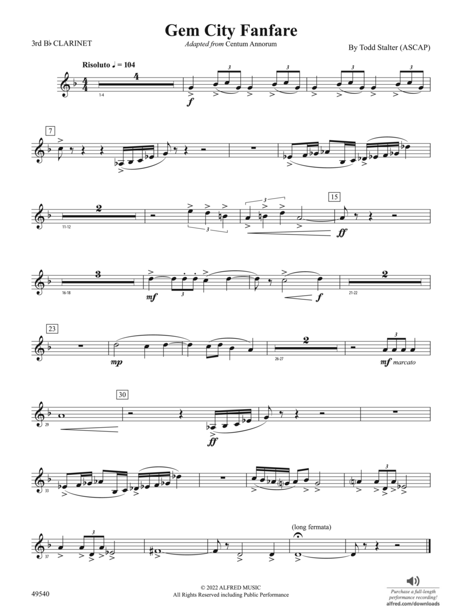 Gem City Fanfare: 3rd B-flat Clarinet Concert Band scores gallery preview page 1