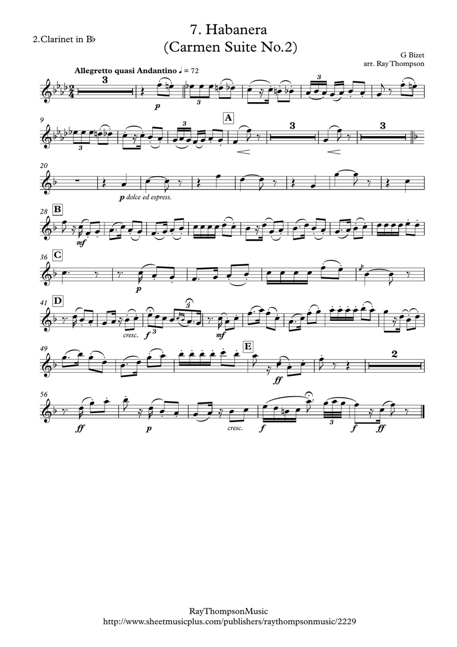Bizet: Habanera (Carmen Suite No.2) - clarinet quintet Clarinet Quintet scores gallery preview page 5
