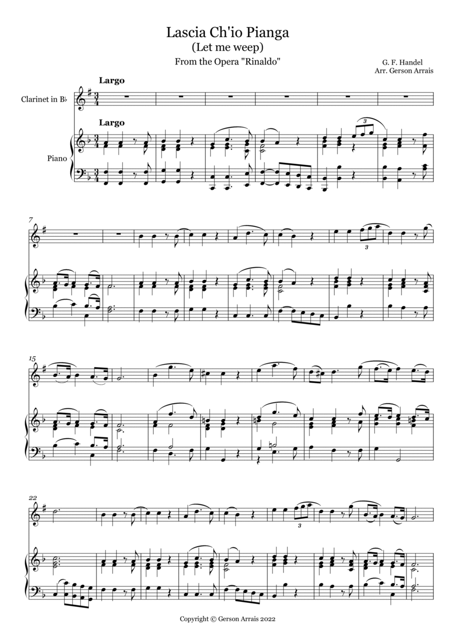 Lascia Ch'io Pianga (Let me Weep) from the Opera Rinaldo - for Bb Clarinet and Piano B-Flat Clarinet scores gallery preview page 1