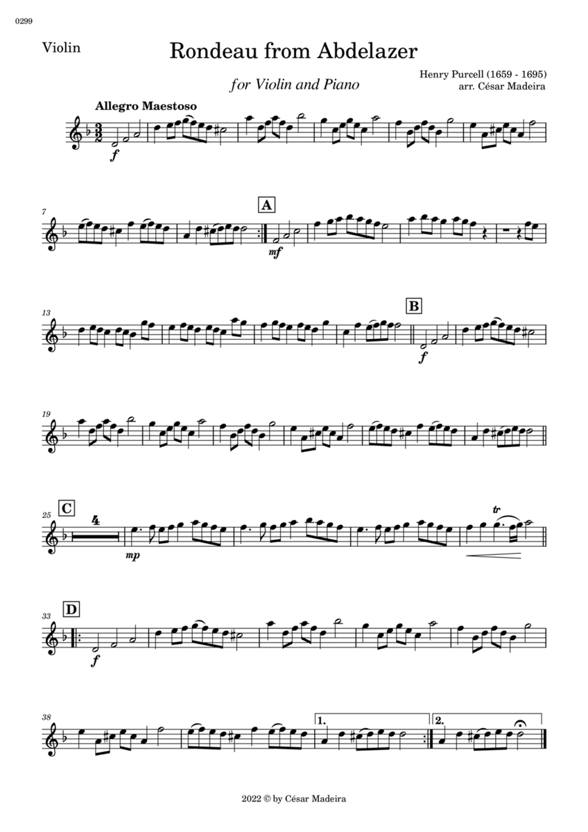 Rondeau from Abdelazer - Violin and Piano (Individual Parts) image number null