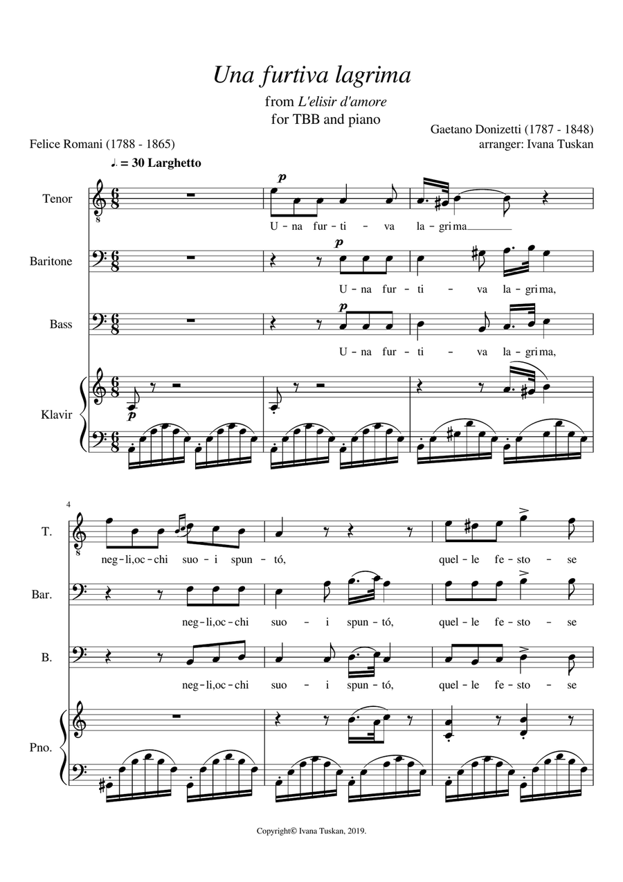 Una furtiva lagrima, TBB and piano, A minor 3-Part scores gallery preview page 1