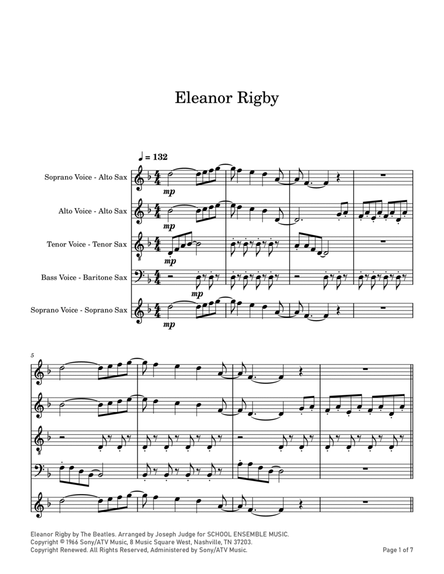 Eleanor Rigby Saxophone Quartet scores gallery preview page 1