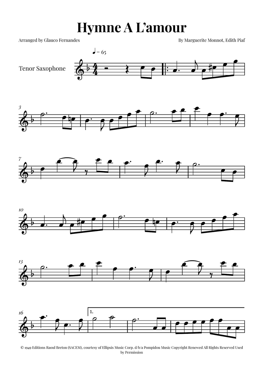 Hymne A L'amour Tenor Saxophone scores gallery preview page 1
