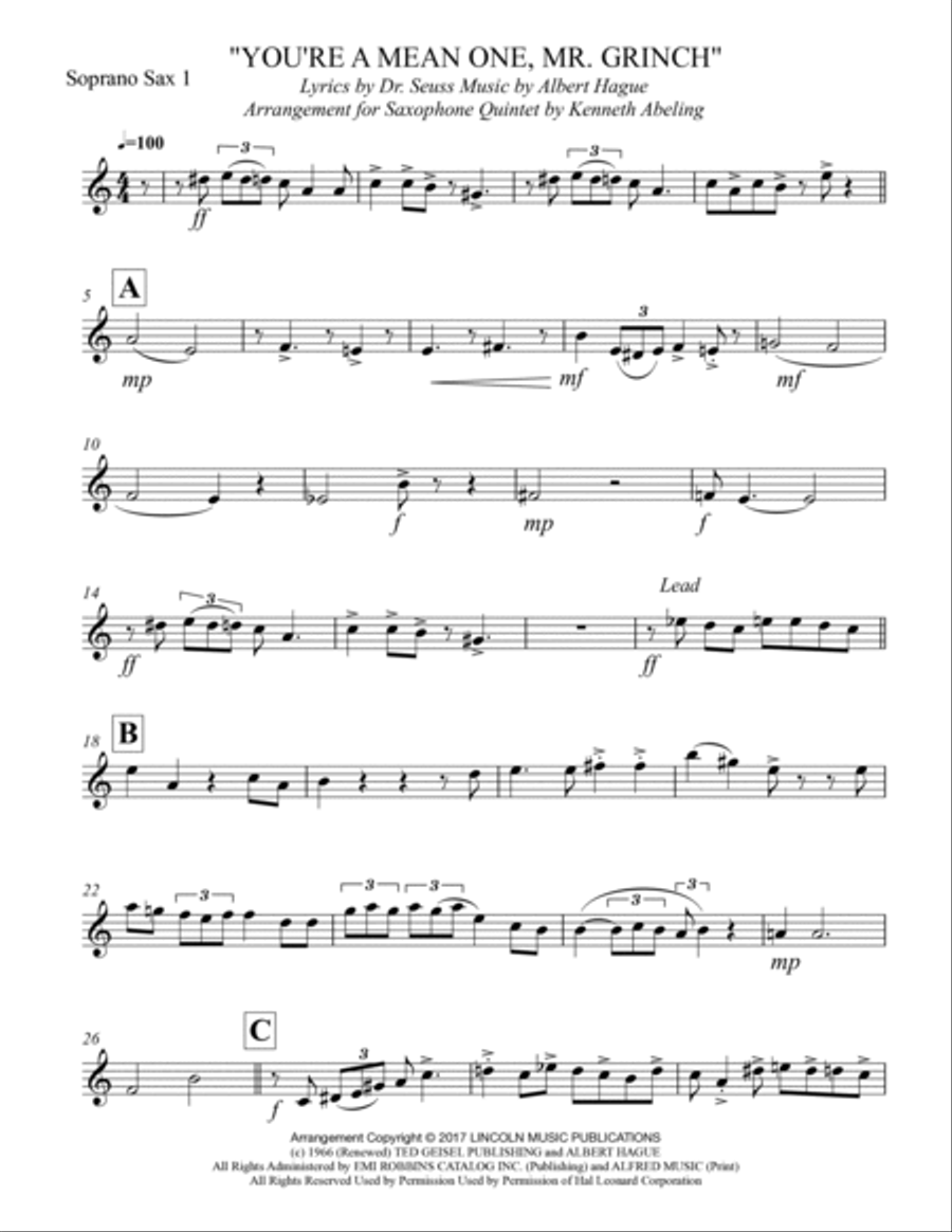 You're A Mean One, Mr. Grinch Saxophone Quintet scores gallery preview page 6