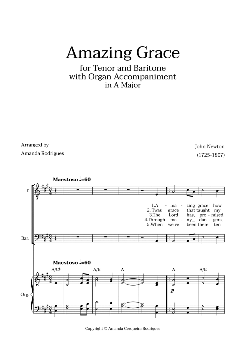 Amazing Grace in A Major - Tenor and Baritone with Organ Accompaniment and Chords image number null